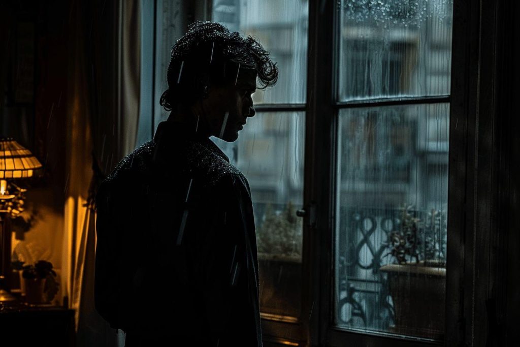 Silhouette sombre d'une personne regardant par la fenêtre, dans une ambiance pluvieuse et solitaire