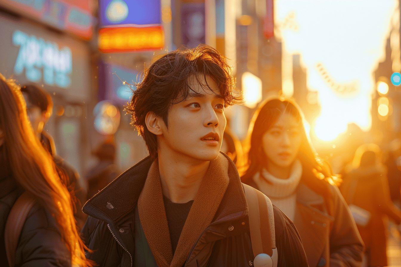 Portrait d'un jeune homme dans les rues animées de Tokyo
