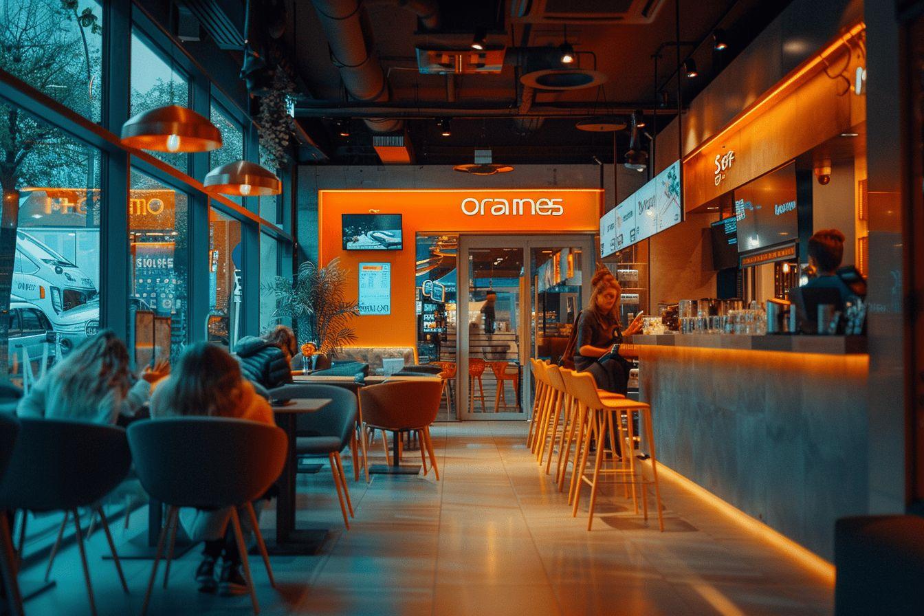 Intérieur d'un café branché avec mobilier orange et bleu.