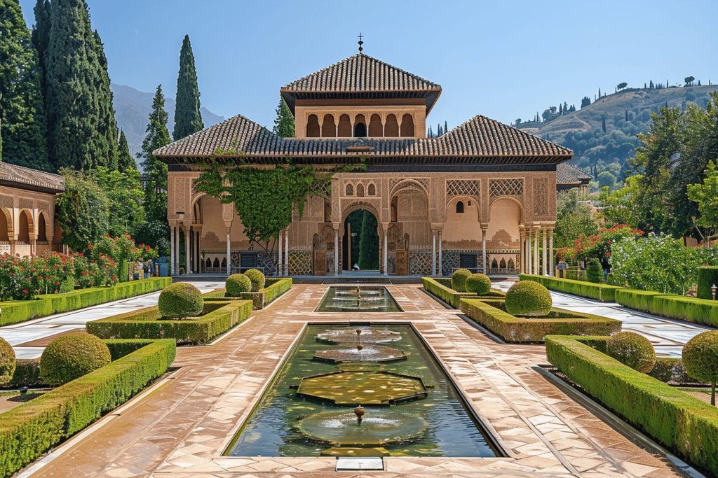 Magnifique palais mauresque avec fontaines et jardins luxuriants
