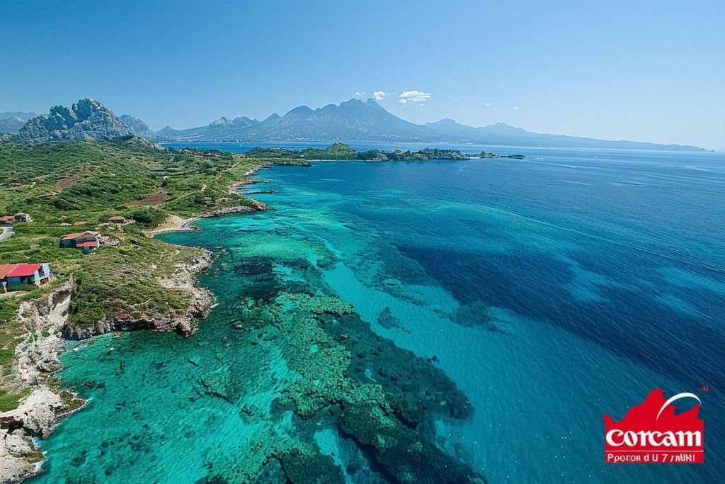 Vue aérienne d'un paysage méditerranéen avec des montagnes et des eaux turquoise