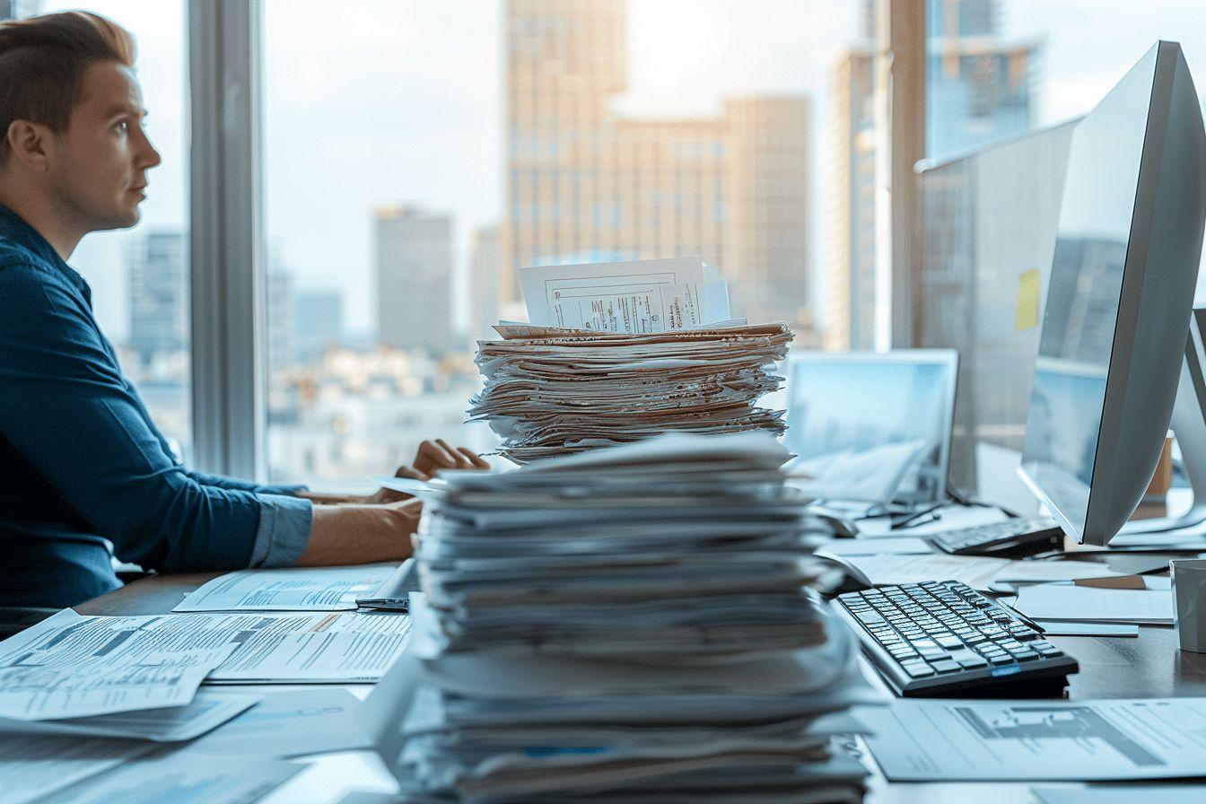 Homme d'affaires assis au bureau entouré de piles de documents et d'ordinateurs.