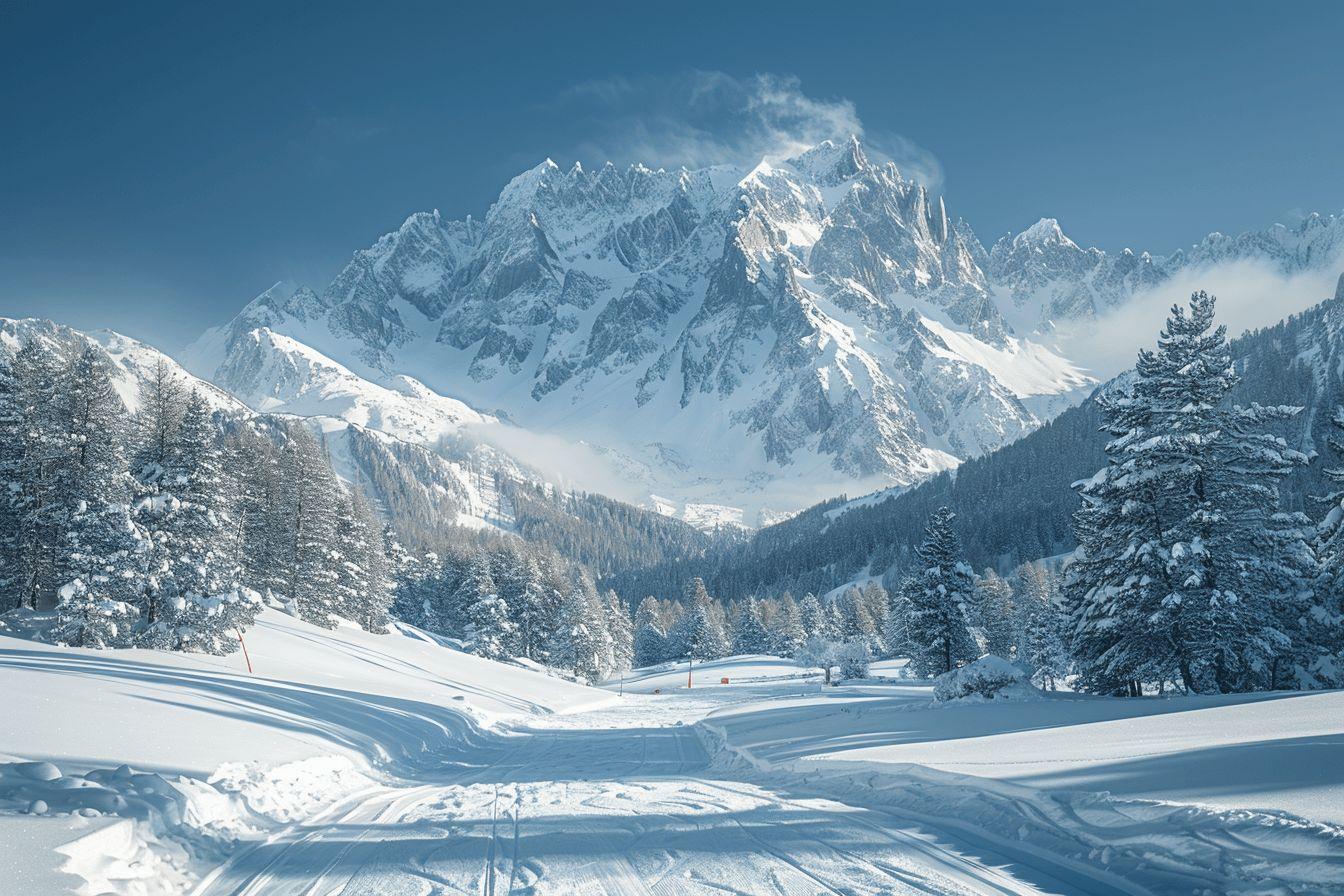 Panorama de montagnes enneigées avec une route et des forêts