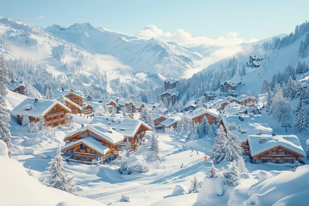 Village de chalets enneigés dans les montagnes sous un ciel dégagé