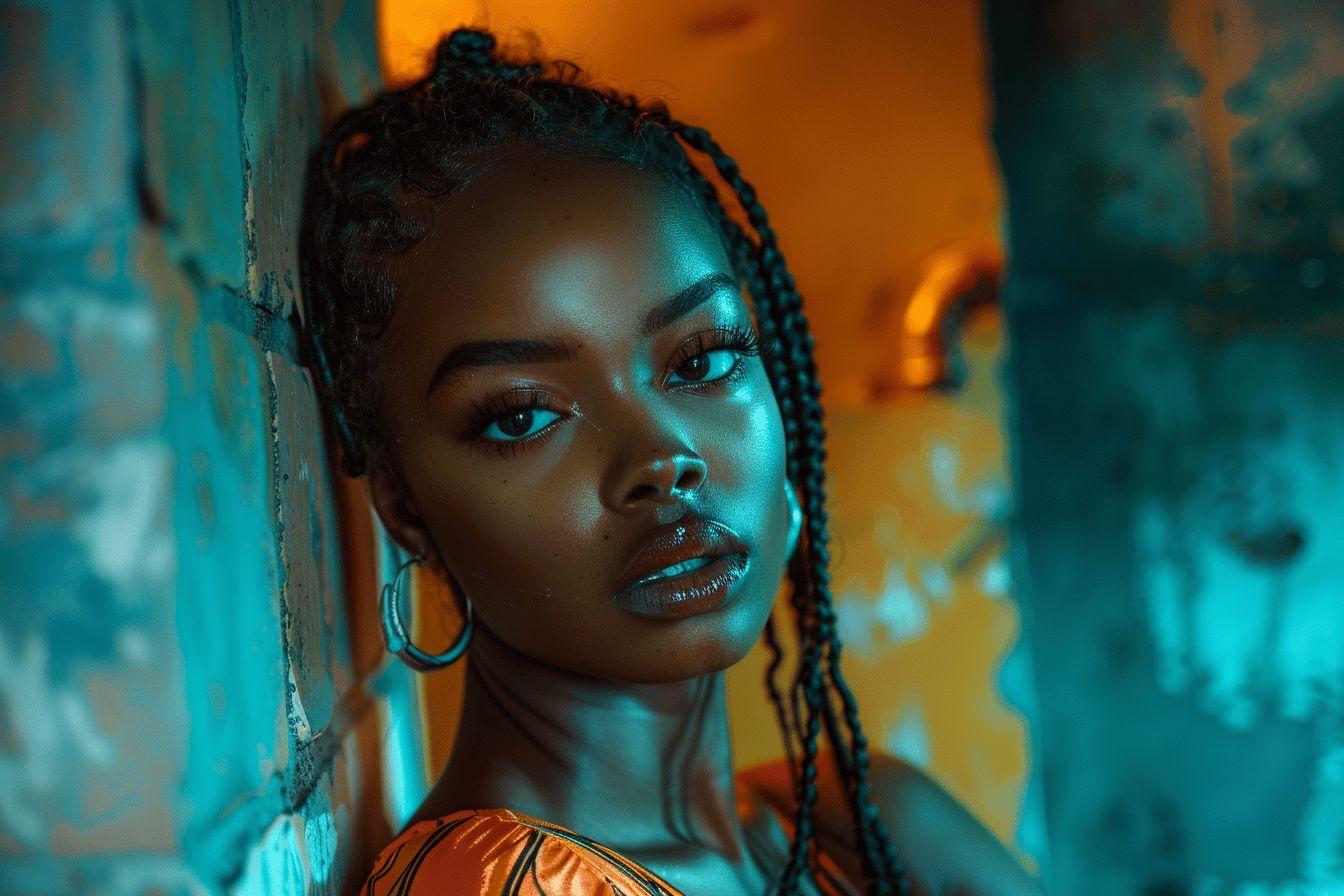 Portrait gros plan d'une femme au maquillage coloré et aux tresses.