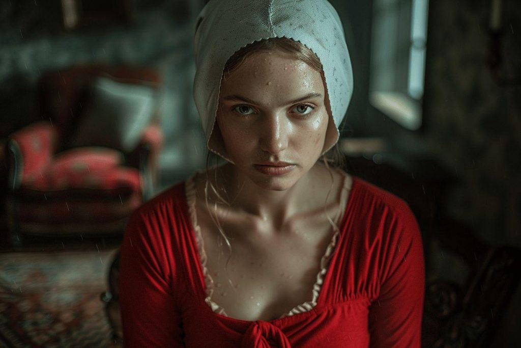 Portrait d'une femme au regard intense et déterminé, sous la pluie