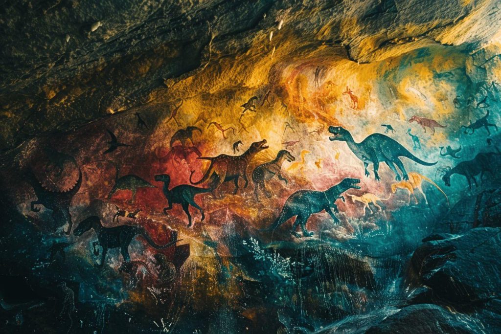 Peintures rupestres colorées représentant des dinosaures et animaux préhistoriques