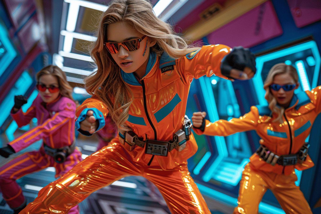 Groupe de personnes vêtues de combinaisons spatiales colorées dans un décor futuriste