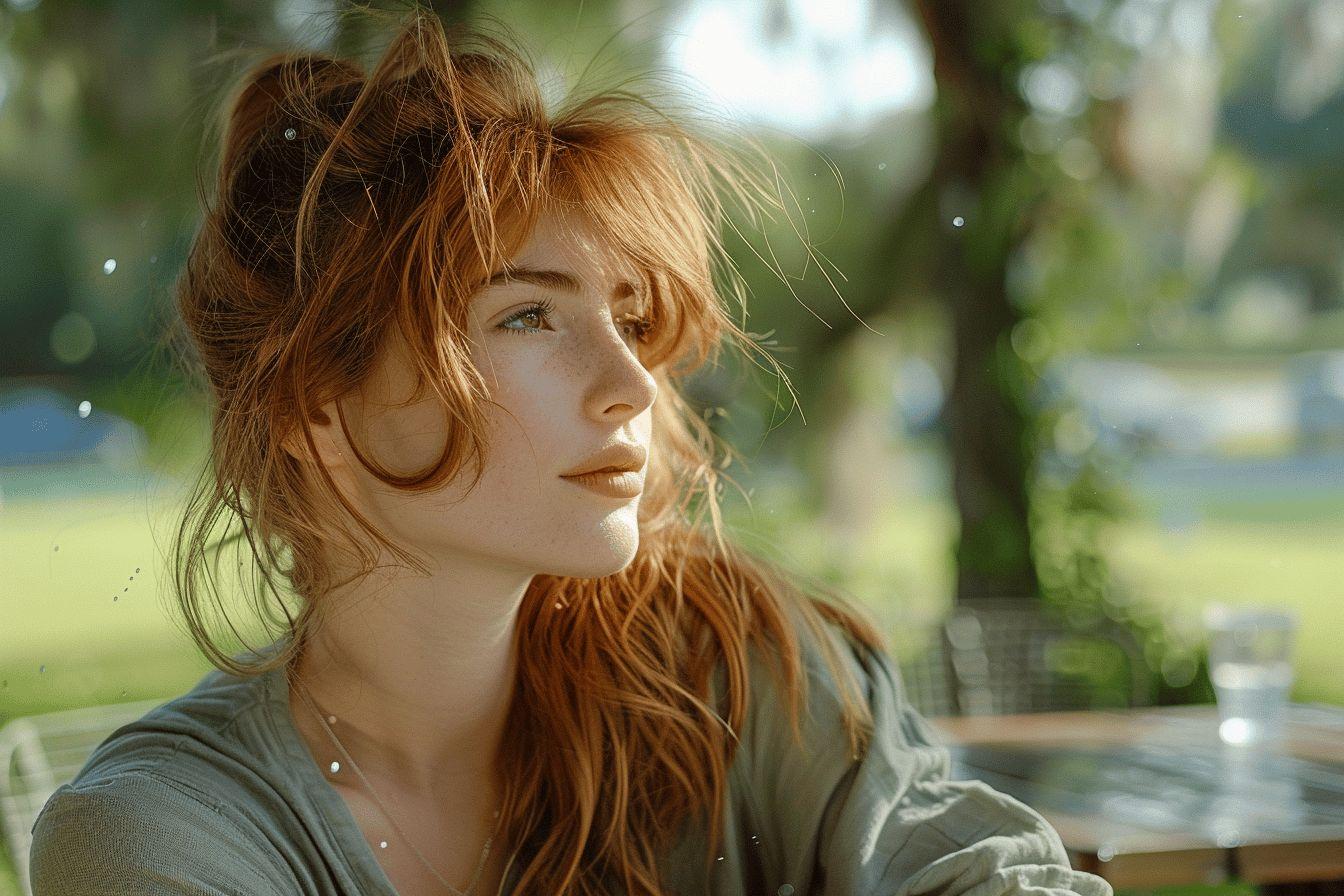 Femme aux cheveux roux, pensive dans un cadre verdoyant