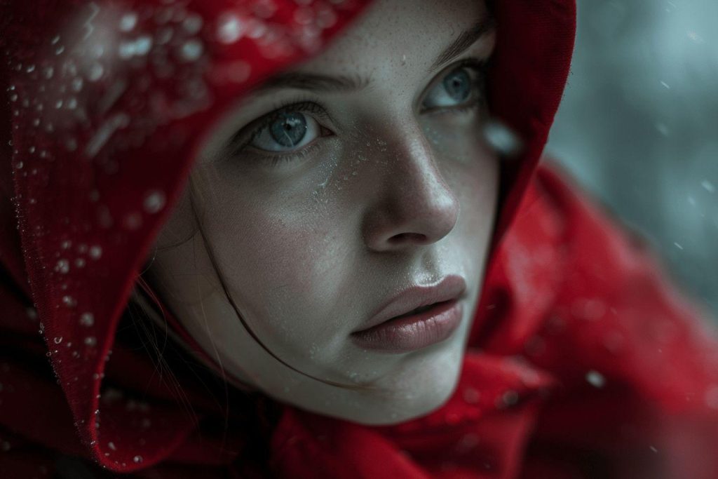 Gros plan d'un visage féminin contemplant avec tristesse sous la pluie
