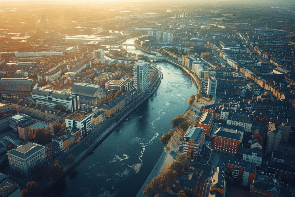 Vue aérienne d'une ville moderne avec des gratte-ciel et une rivière sinueuse