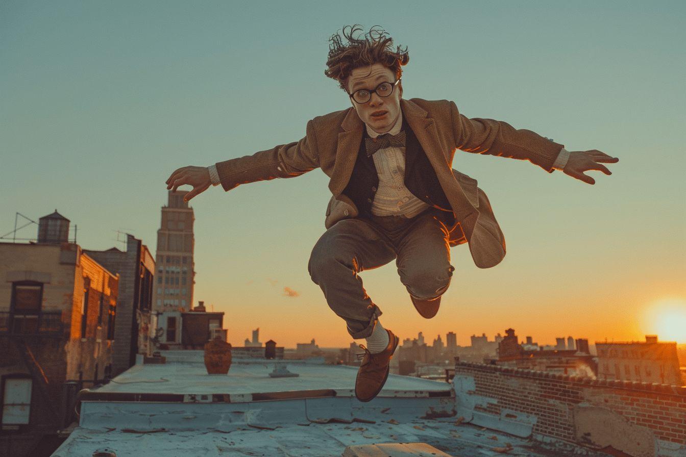 Homme sautant avec joie au-dessus d'un paysage urbain au coucher de soleil