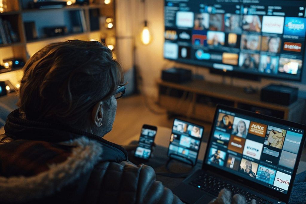 Personne assise devant un écran d'ordinateur avec des applications de streaming