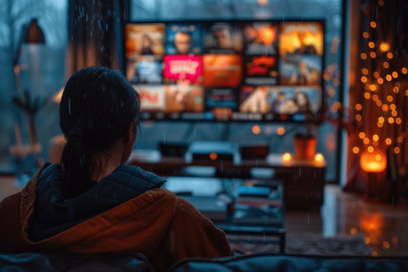 Une personne regarde un écran de télévision dans un salon chaleureux et lumineux.