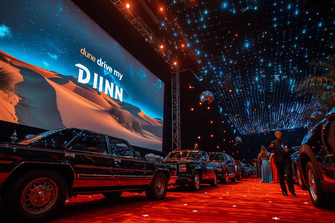 Voitures noires sur un tapis rouge, avec des décorations lumineuses étoilées.