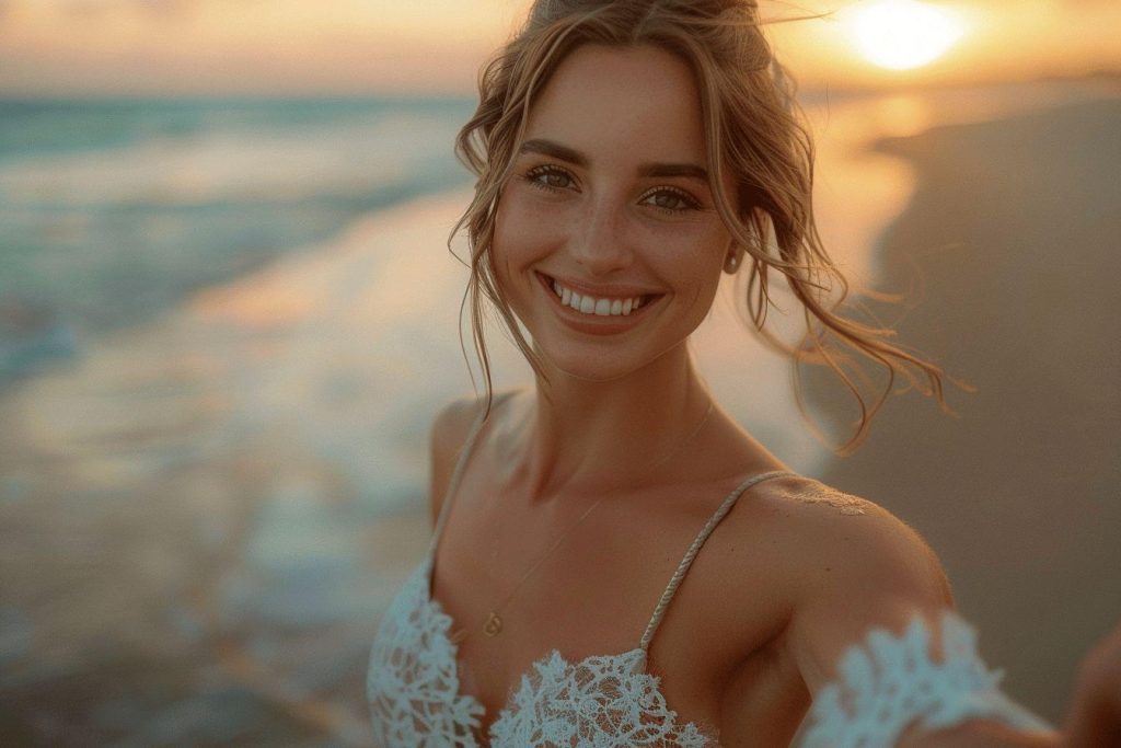 Une femme souriante dans un paysage de coucher de soleil