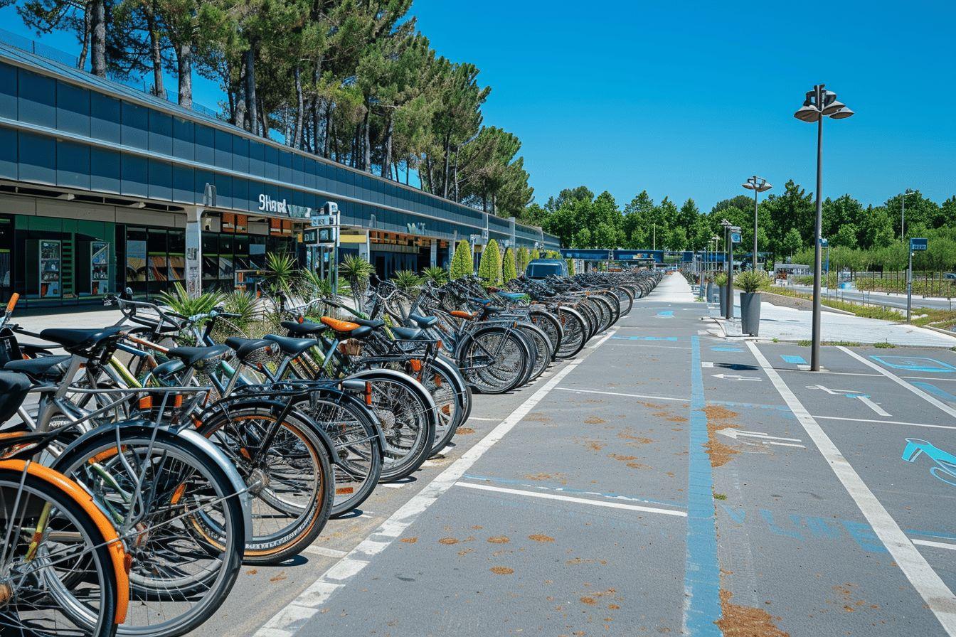 Nombreux vélos rangés dans un parking couvert et ombragé