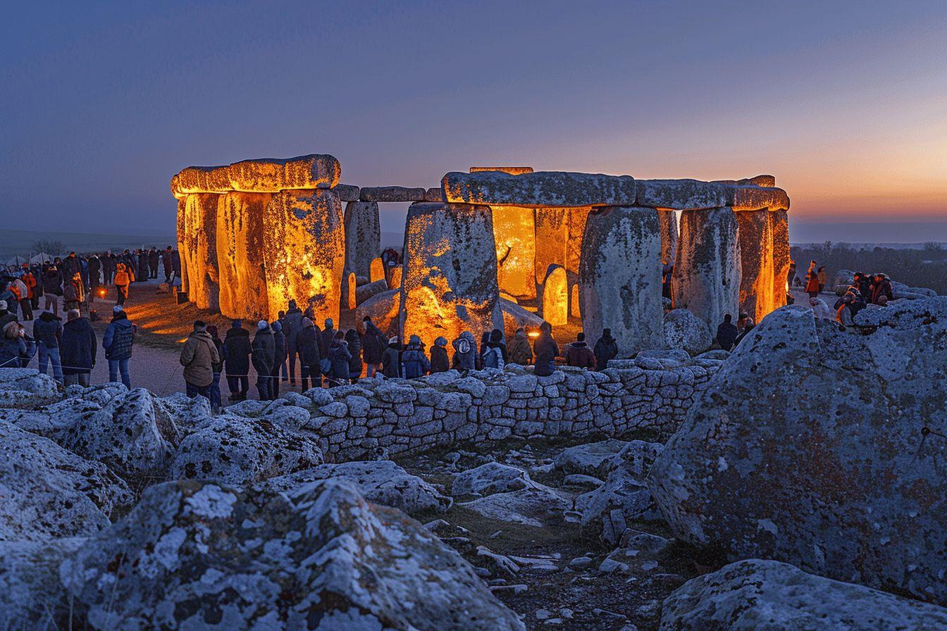 Célèbre monument préhistorique de Stonehenge recouvert de neige au crépuscule
