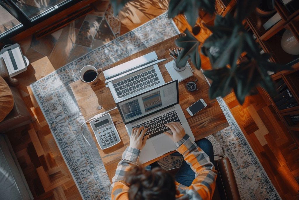 Personne travaillant sur un ordinateur portable dans un bureau à domicile