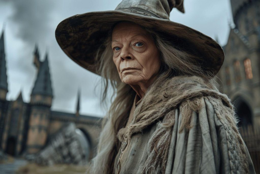 Femme âgée en chapeau et manteau sombre, regard pensif