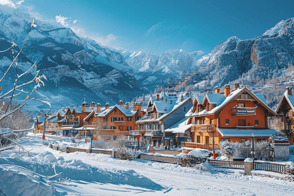 Paysage enneigé de village de montagne avec chalets typiques.