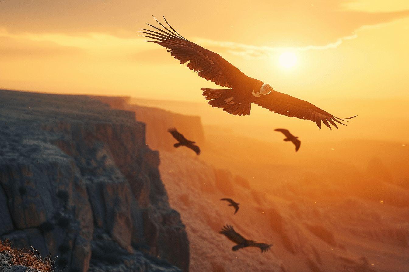 Image d'un grand oiseau de proie volant dans un ciel orange au crépuscule