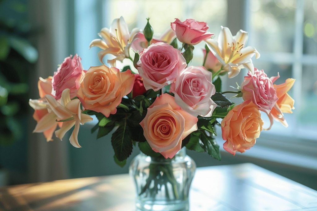 Un vase en verre transparent contient un bouquet de roses roses et oranges mélangées à des lys blancs, posé sur une table en bois.