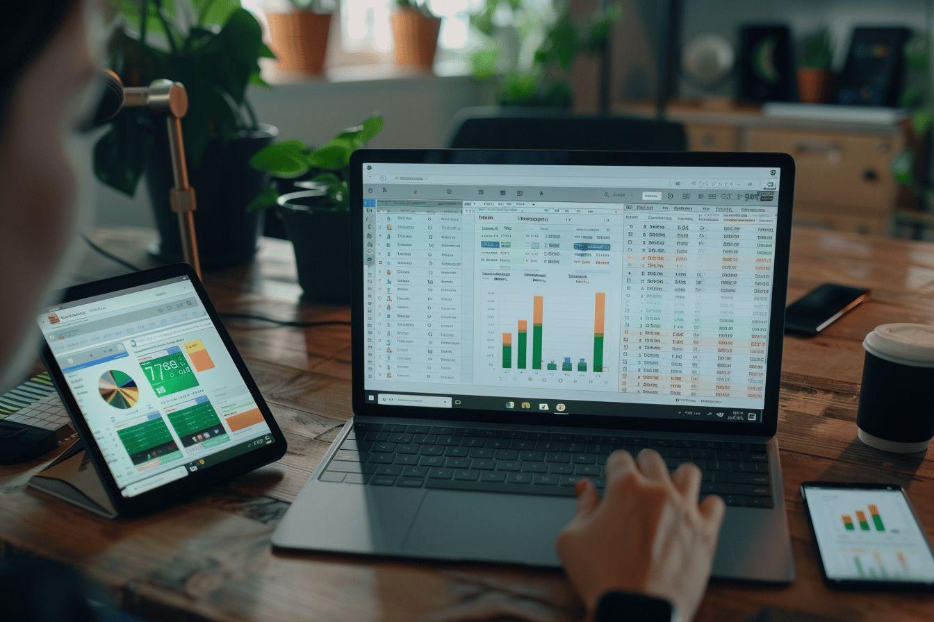 Ordinateur portable affichant des graphiques et données sur un bureau de travail