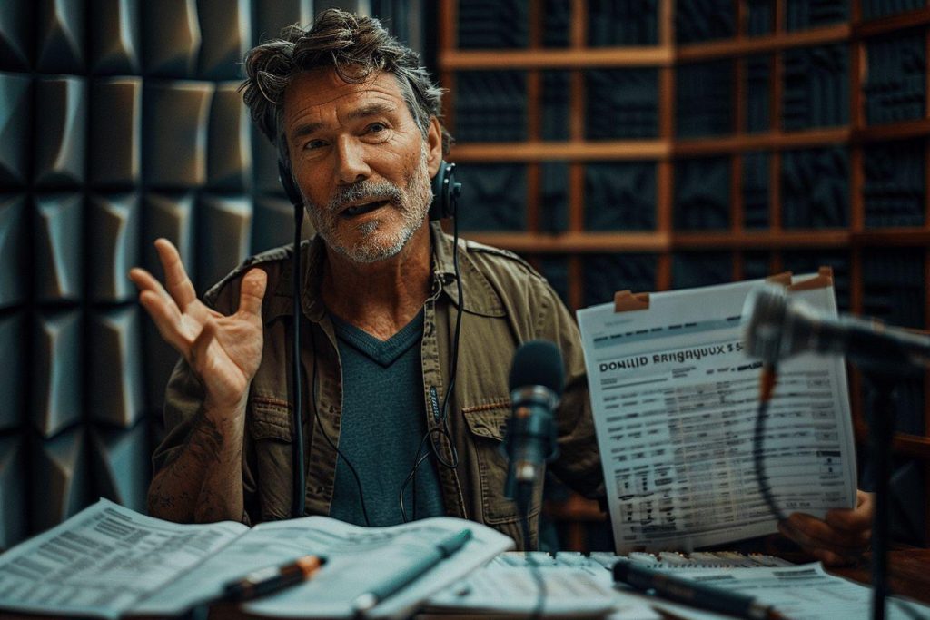 Homme mûr au studio radio, micro et documents