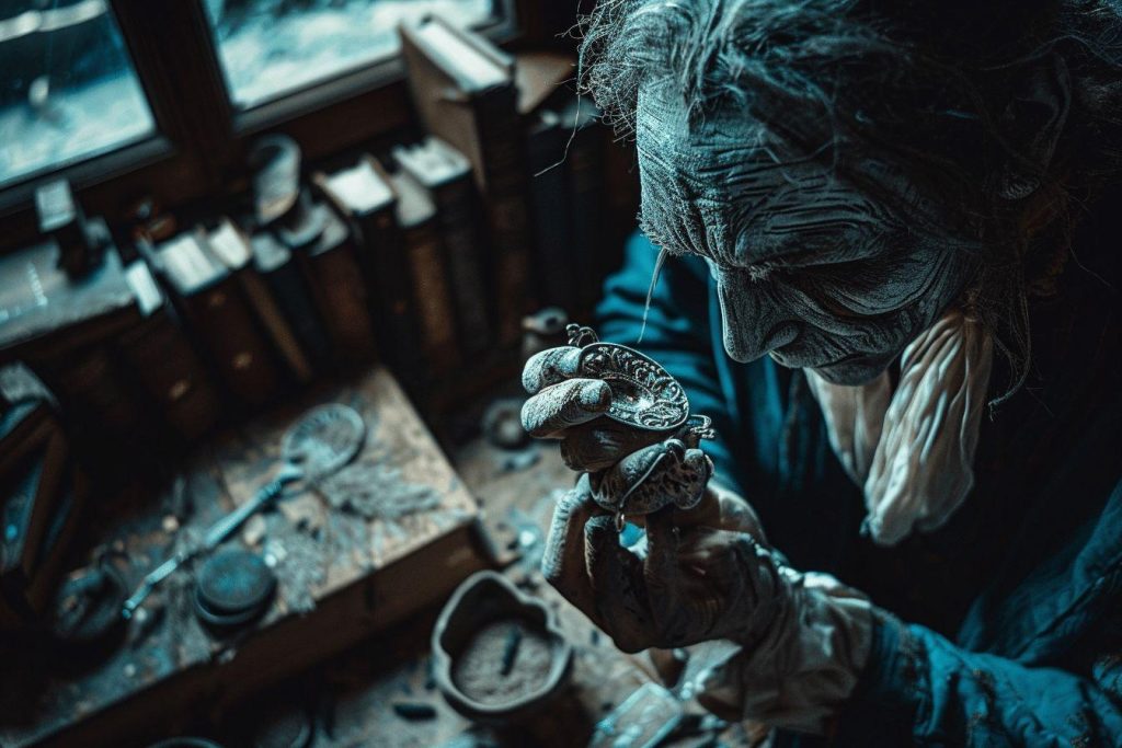 Vieil artisan concentré réparant un objet délicat sur établi