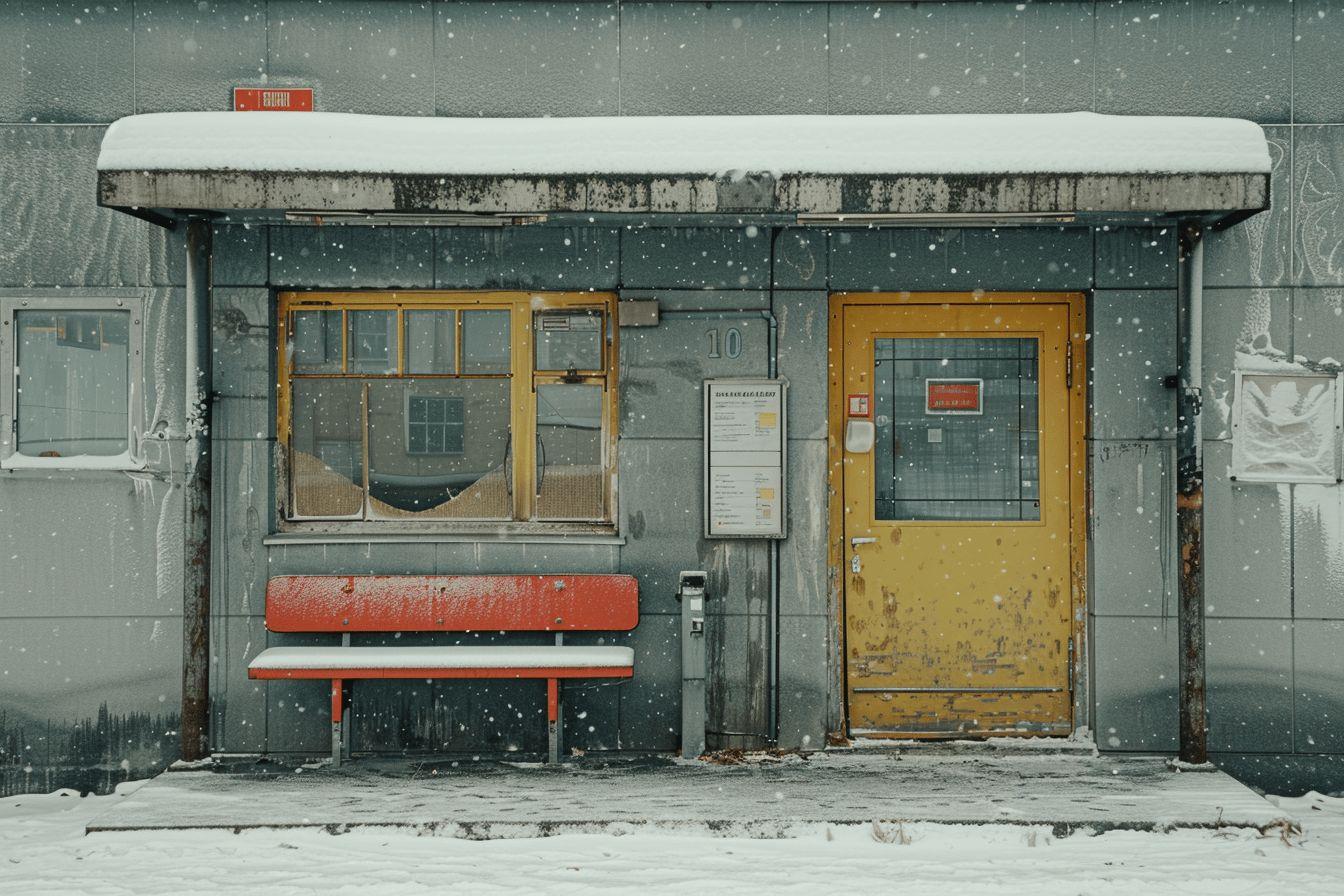 Bâtiment gris avec banc rouge et porte jaune, jour de neige