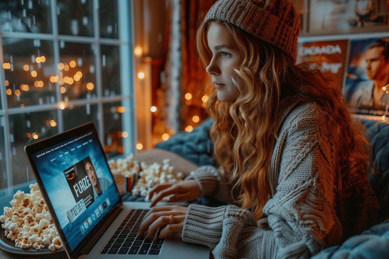 Une femme aux cheveux bouclés regarde son ordinateur portable dans un intérieur douillet et lumineux