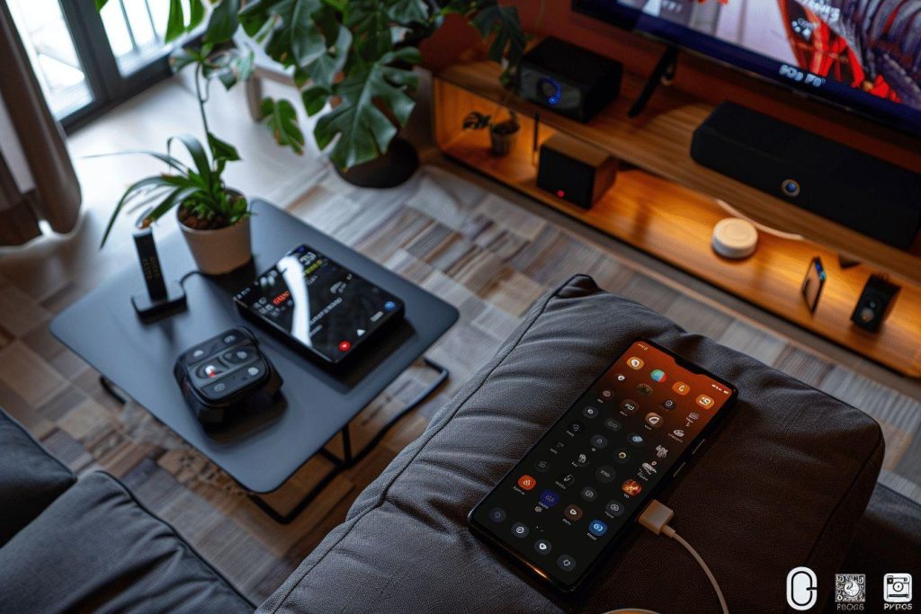 Salon moderne avec télécommandes, plantes et appareils électroniques