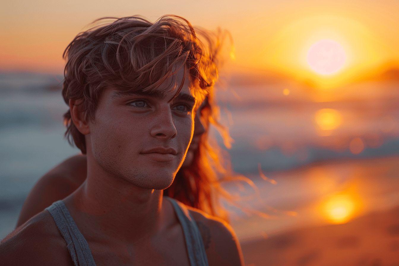 Profil d'un jeune homme au coucher de soleil sur plage