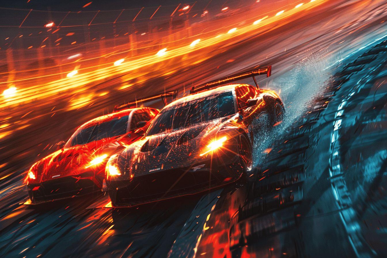 Voiture de course dans un tourbillon de lumière et d'eau