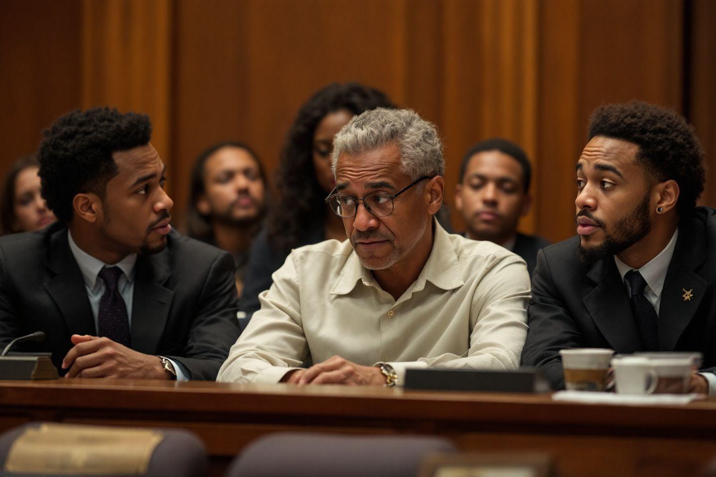 Groupe d'hommes noirs et blancs dans un tribunal, avec expression sérieuse.