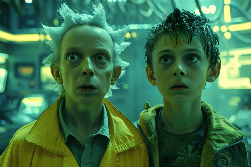 Deux jeunes enfants avec des expressions faciales étonnées dans un environnement sombre et verdâtre