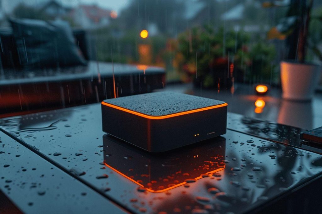Enceinte Bluetooth noire et orange sur une surface réfléchissante sous la pluie
