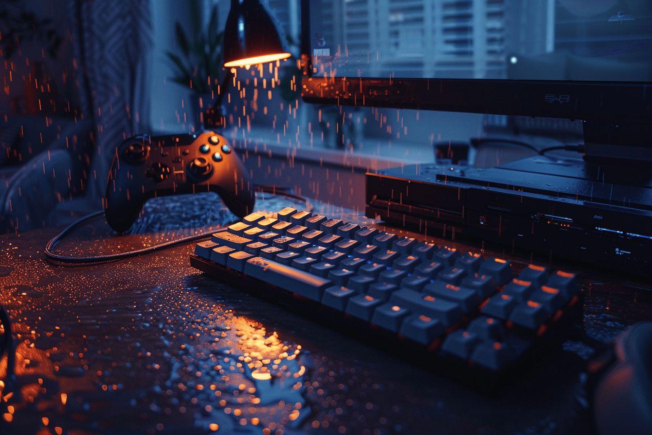 Manette de jeu, clavier rétroéclairé et écran de jeu dans une ambiance sombre et mystérieuse