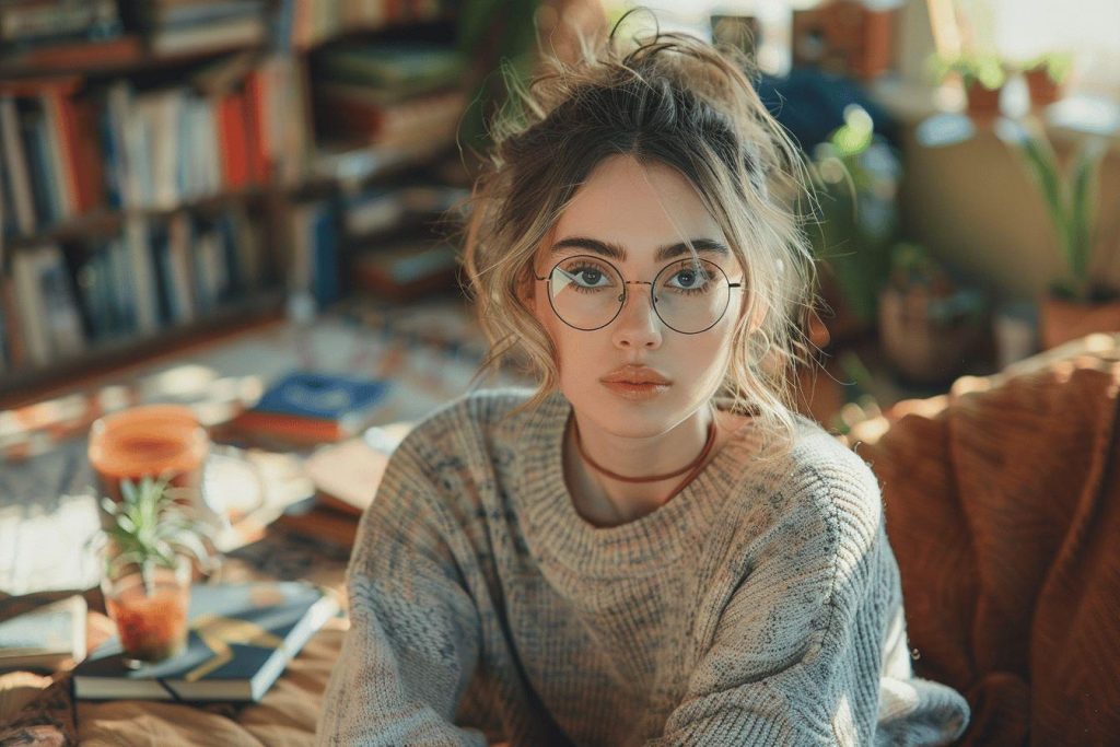 Une jeune femme avec des lunettes à l'intérieur d'un bureau rempli de livres