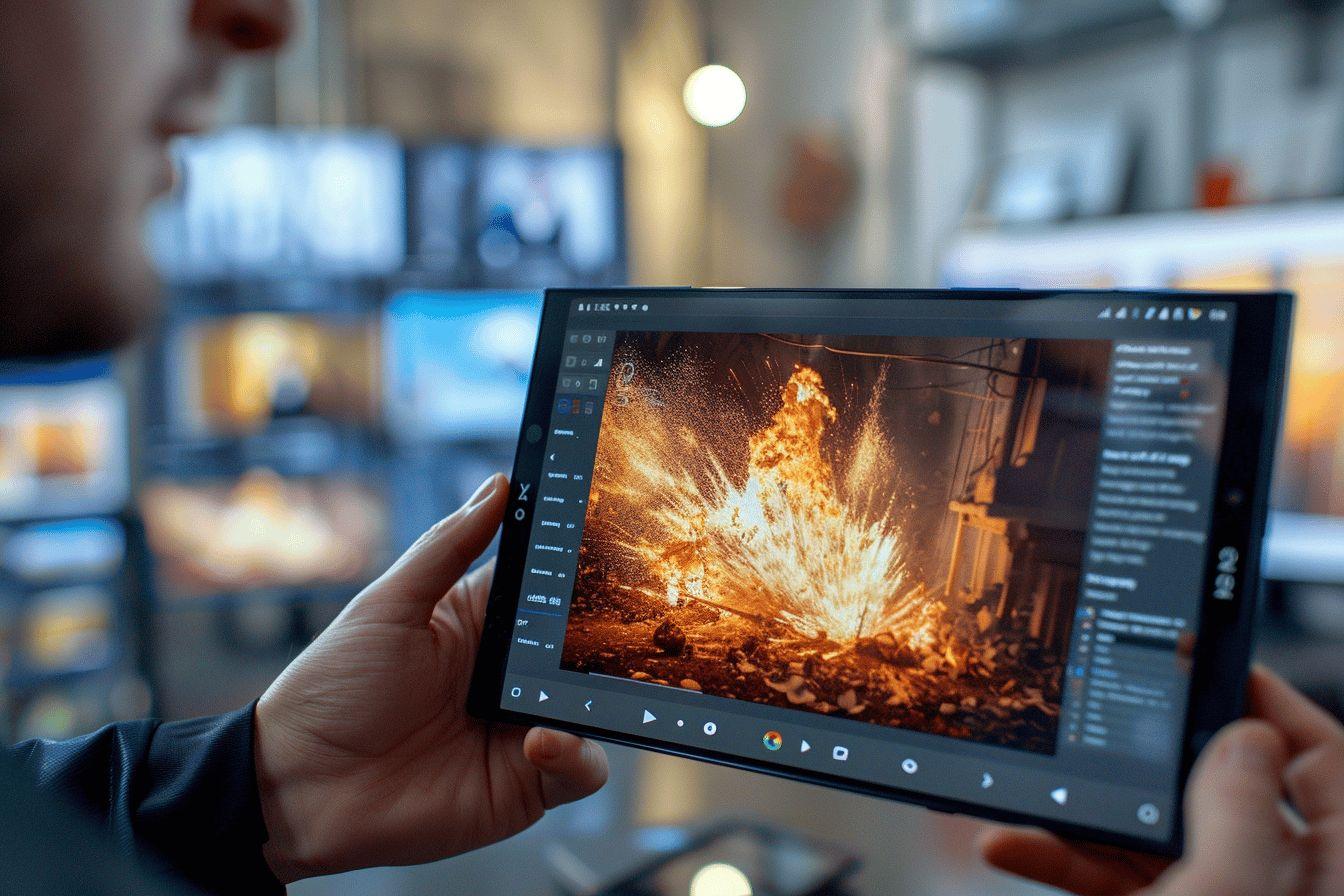 Écran tactile montrant une explosion dans un film d'action