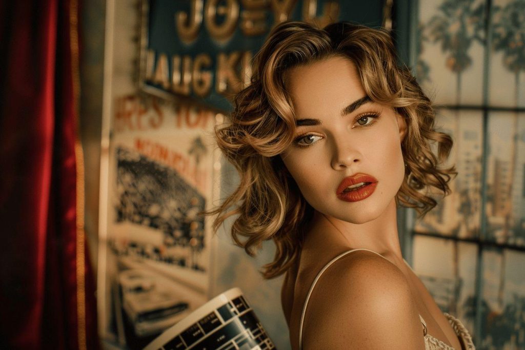 Femme aux cheveux bouclés posant avec un style rétro dramatique