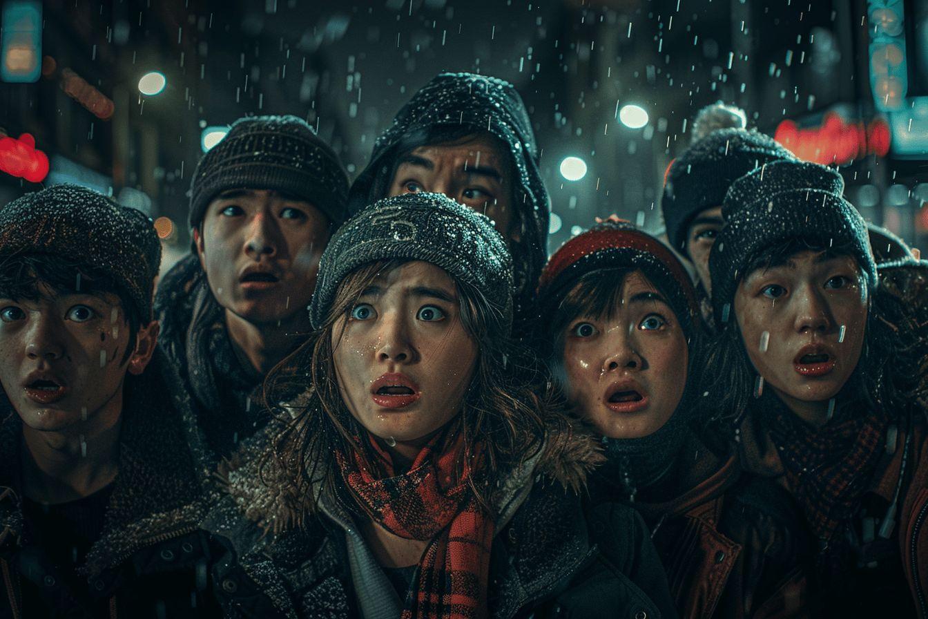 Groupe de personnes debout sous la neige, l'air effrayé et surpris