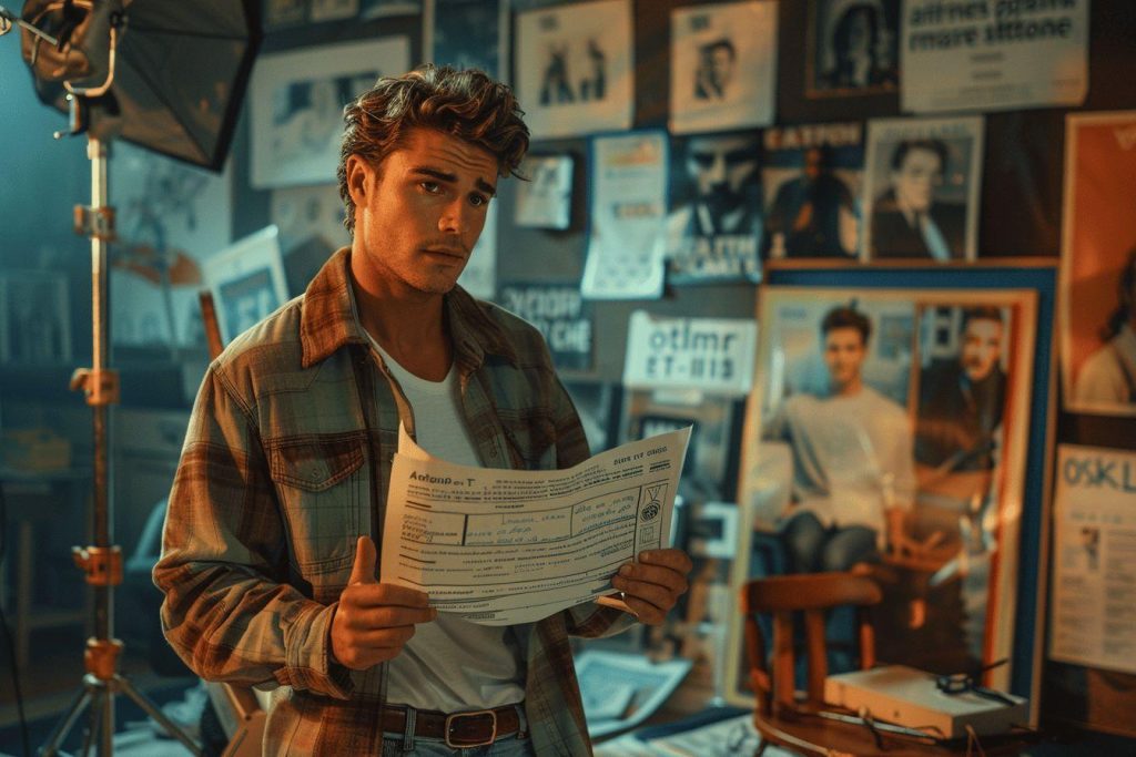 Jeune homme tenant un document dans un environnement rétro