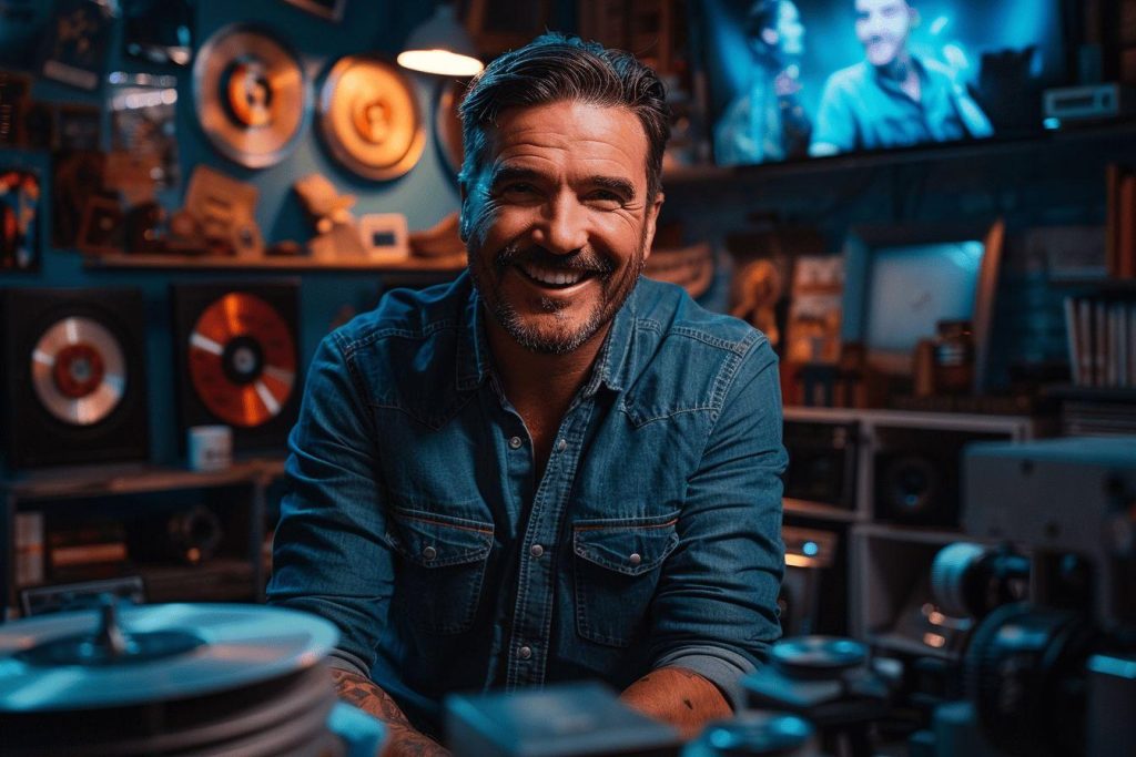 Homme en chemise en jean souriant dans un studio technique