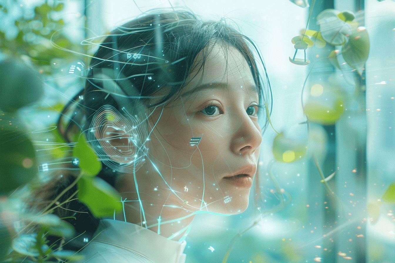 Visage de femme avec des lignes technologiques parmi des feuilles vertes