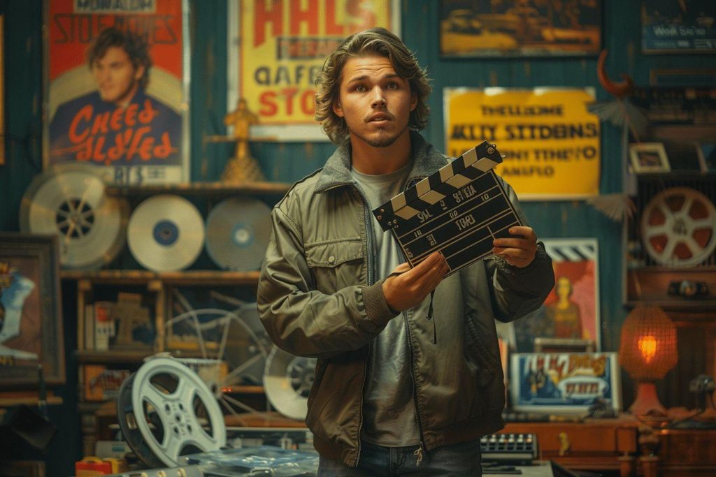 Homme avec clap entouré de bobines et affiches vintage
