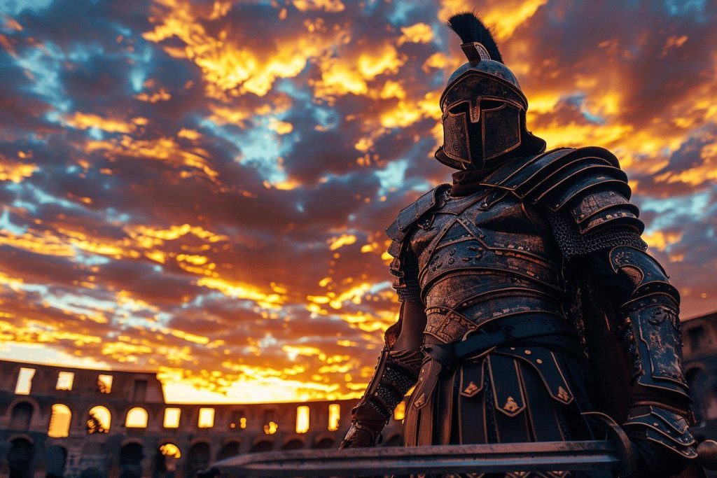 Statue de gladiateur en armure antique contre un ciel de feu au coucher du soleil