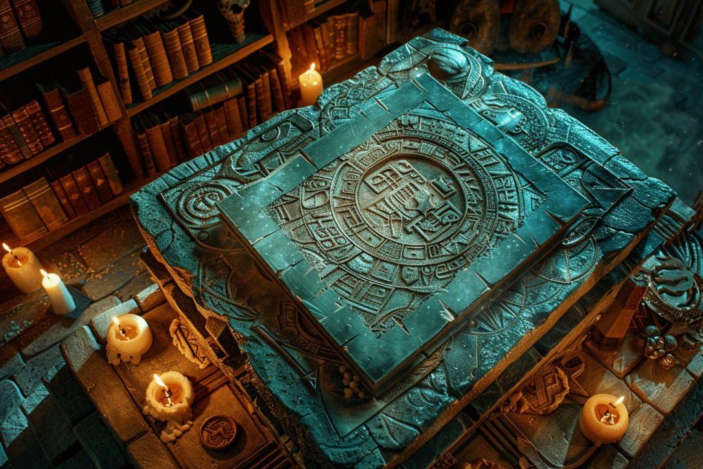 Grimoire bleu-vert avec motifs aztèques et bougies sur étagères