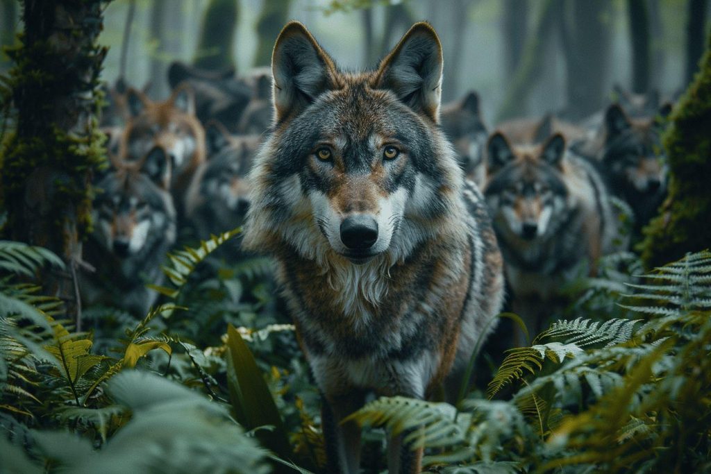 Un loup gris au regard perçant, debout dans une végétation luxuriante